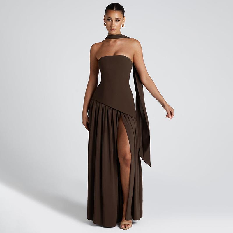 Strapless Corset Draped Sash High Split Maxi Gown 2