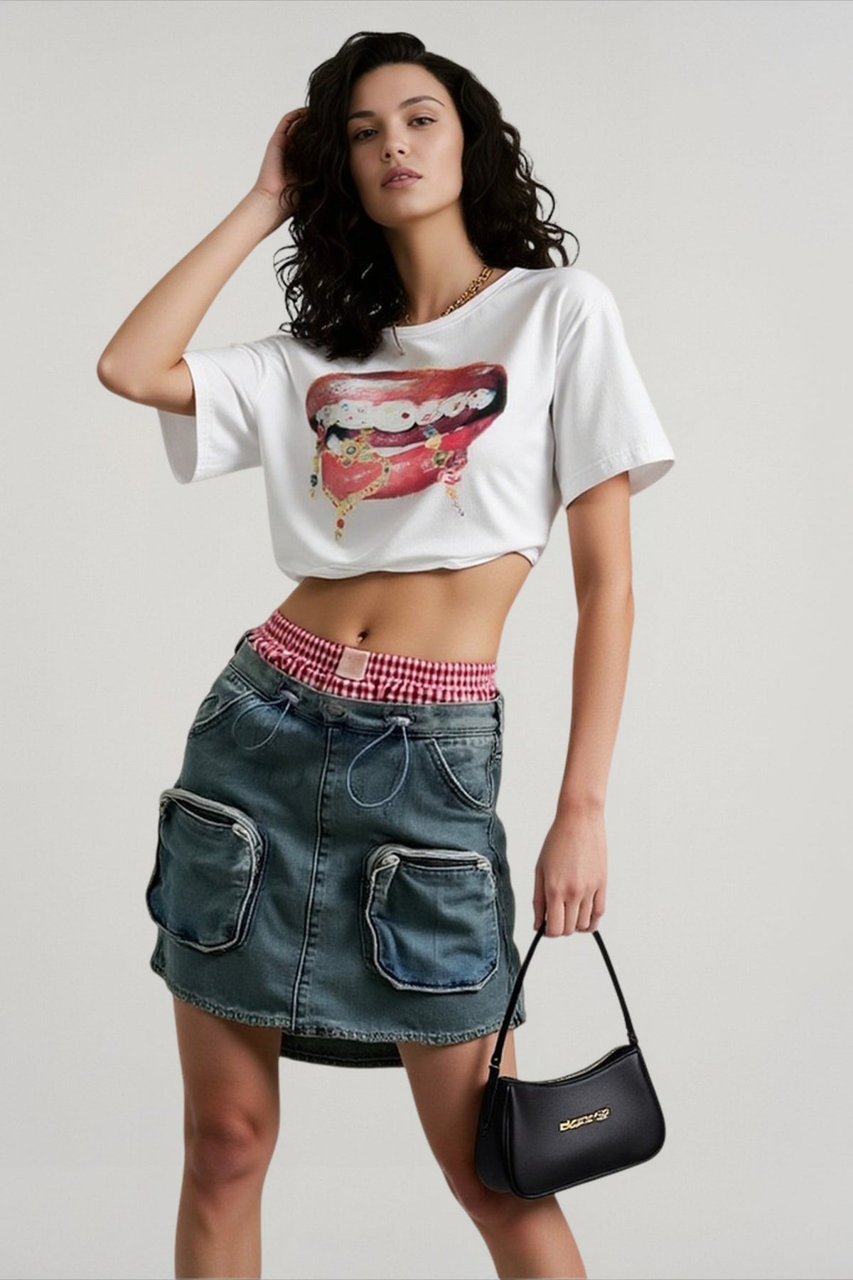 Lips Print Colorblock Top