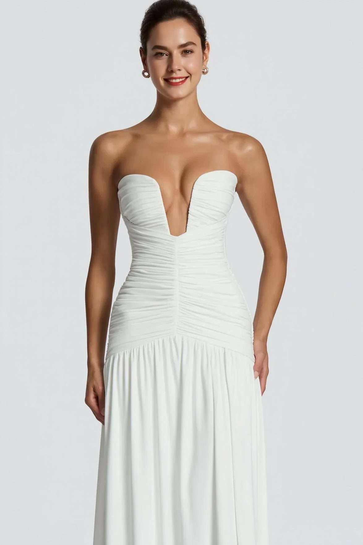 Strapless Plunge Ruched High Split Maxi Formal Gown - View 6