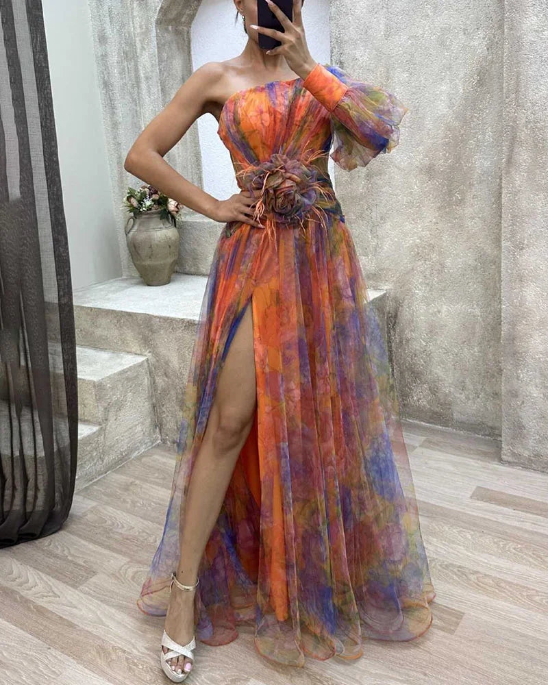 One Shoulder Puff Sleeve Rose Applique High Split Organza Formal Gown - View 9