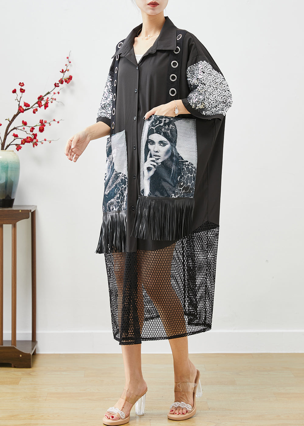 Sequin Sleeve Grommet Strap Graphic Print Fringe Mesh Hem Shirt Dress - View 3