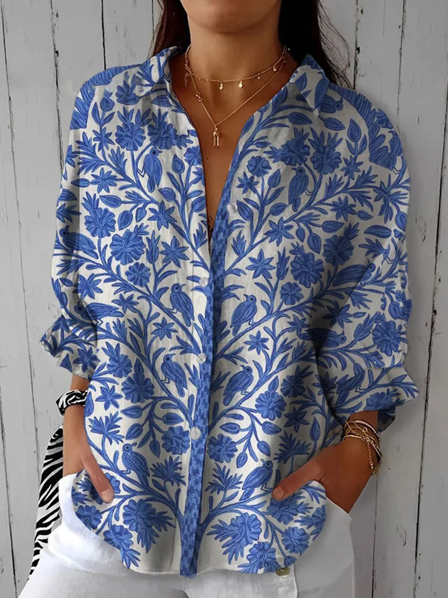 Floral Print Band Collar Long Sleeve Button Front Blouse 2
