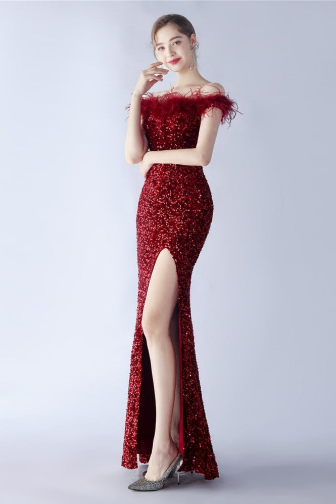 Sequin Off Shoulder Feather Trim High Split Mermaid Gown - View 2