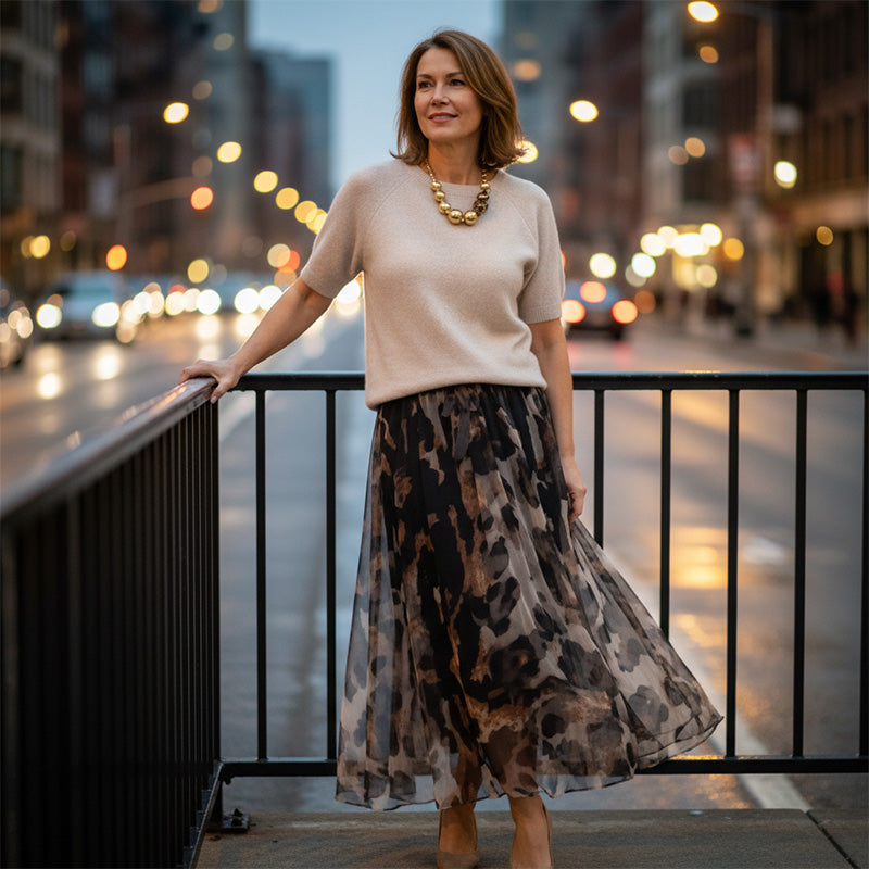 Short Sleeve Knit Top and Leopard Mesh Pleated Maxi Skirt Two Piece Set 6