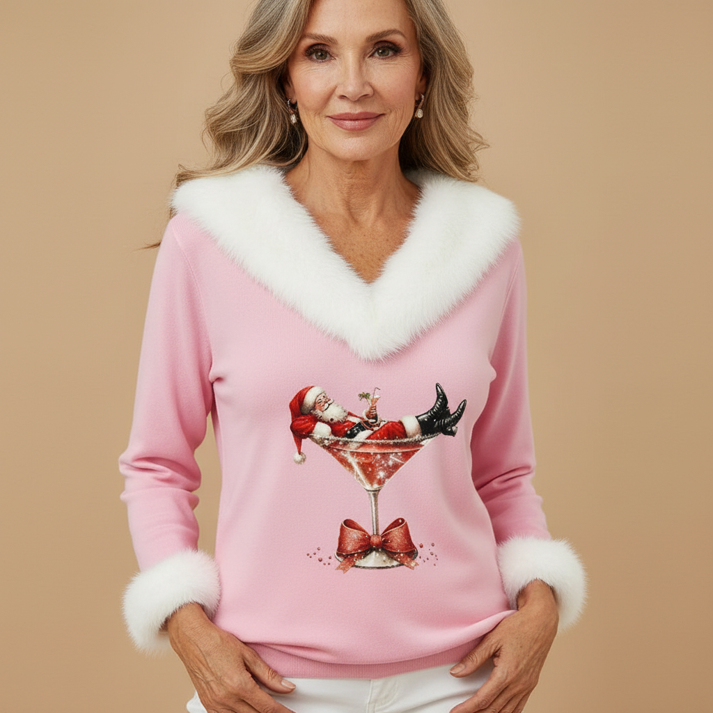 Faux Fur Trim V-Neck Long Sleeve Christmas Print Top 2