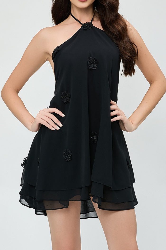 Halter Neck 3D Floral Tiered Ruffle Swing Mini Dress - View 7