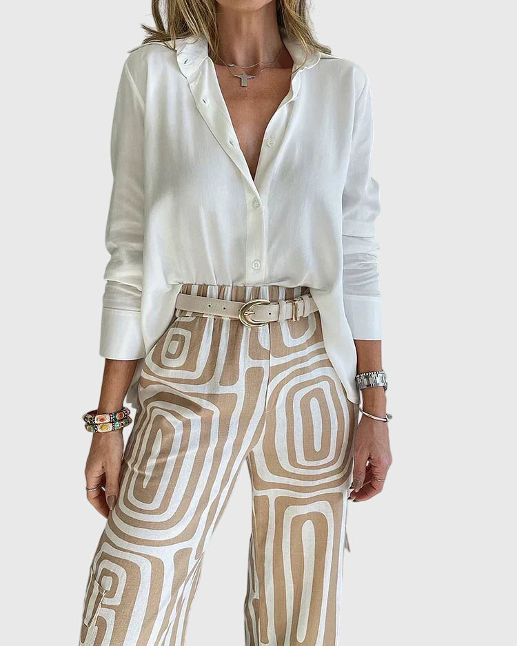 Long Sleeve Shirt and Geometric Print Wide Leg Pants Two Piece Set 4