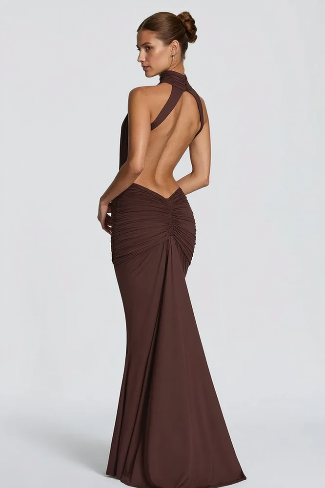 Halter Neck Backless Cut Out Ruched Mermaid Gown - View 5
