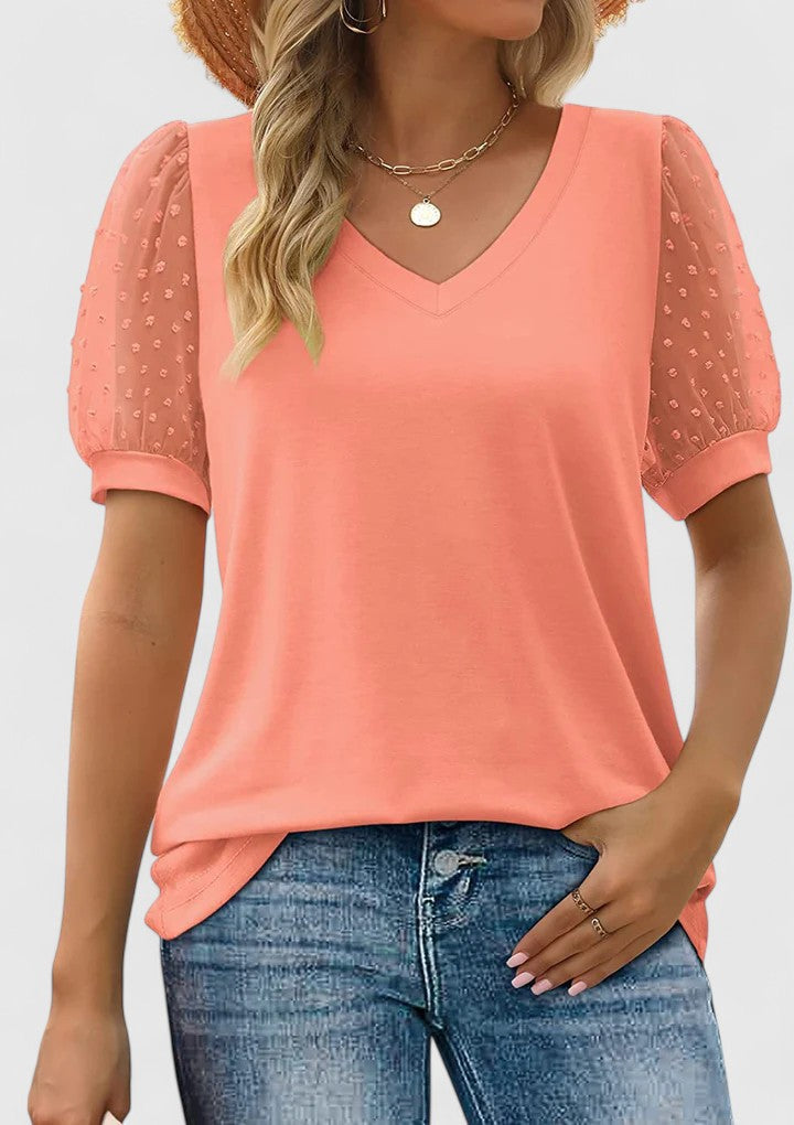 V-Neck Swiss Dot Mesh Puff Short Sleeve Top 7