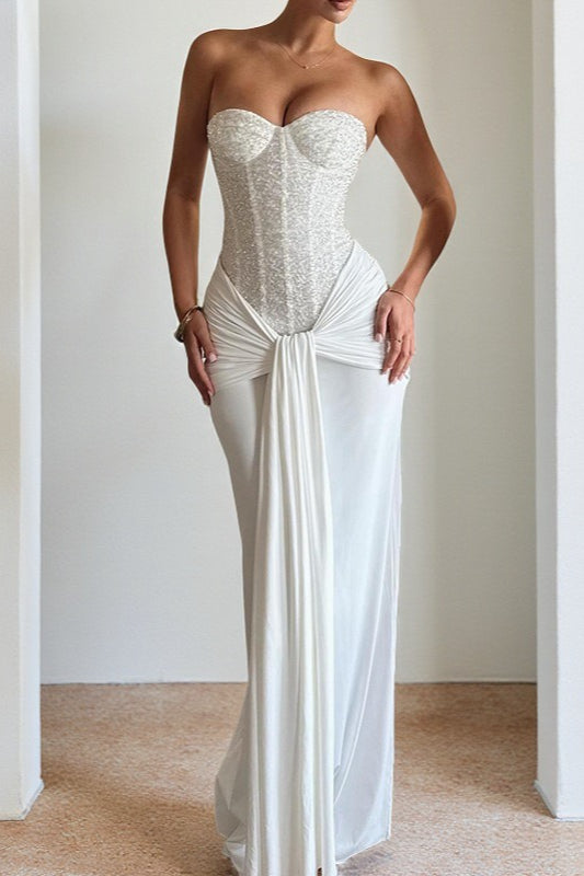 Strapless Sweetheart Sequin Corset Draped Waist Formal Gown - View 2