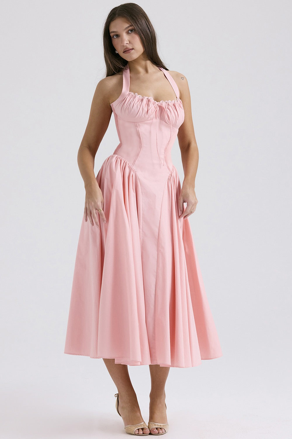 Halter Neck Ruched Corset Fit and Flare Midi Dress - View 4