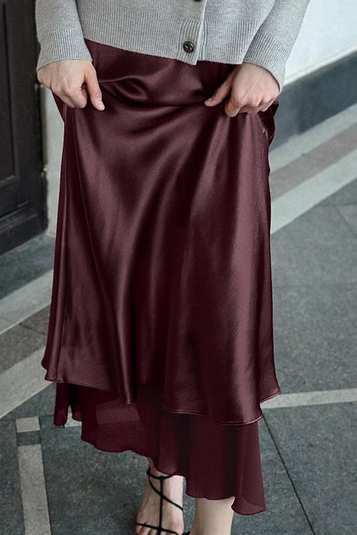 Satin Mesh Panel Double Layer Maxi Skirt