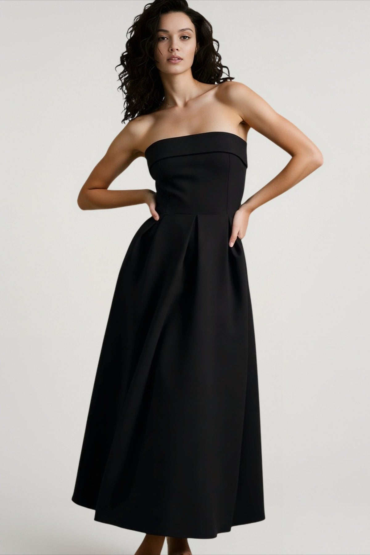 Strapless Fold Over Neck Pleated Fit and Flare Midi Cocktail Dress - View 11
