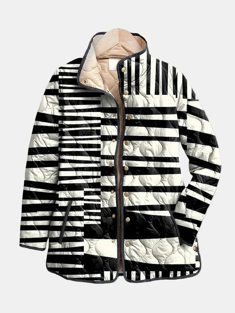 Striped Stand Collar Longline Quilted Coat 3