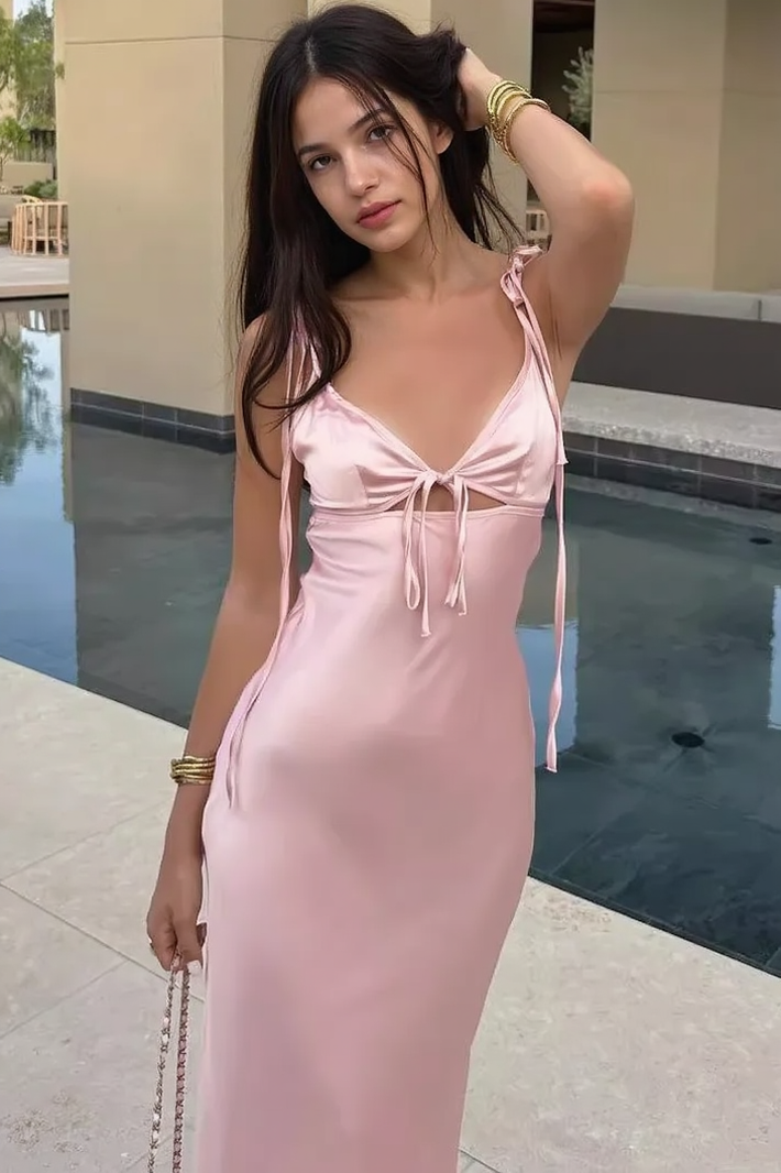 Spaghetti Strap Tie Shoulder Cut Out Satin Slip Maxi Dress