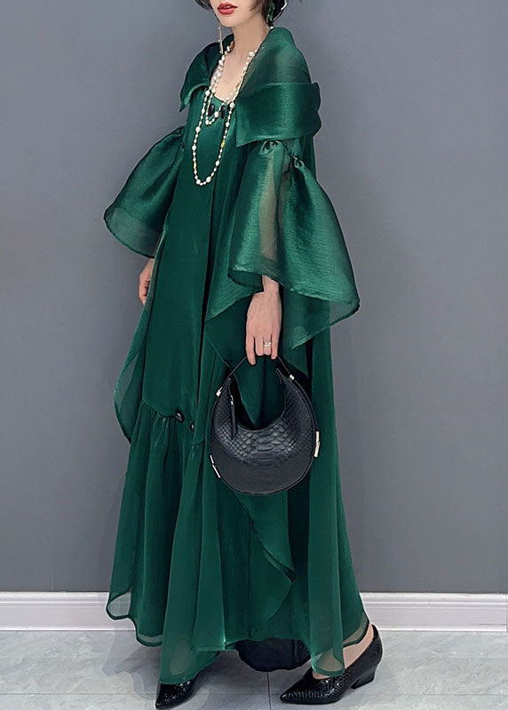 Sheer Pointed Collar Bell Sleeve Tiered Ruffle Oversized Midi Dress - View 2