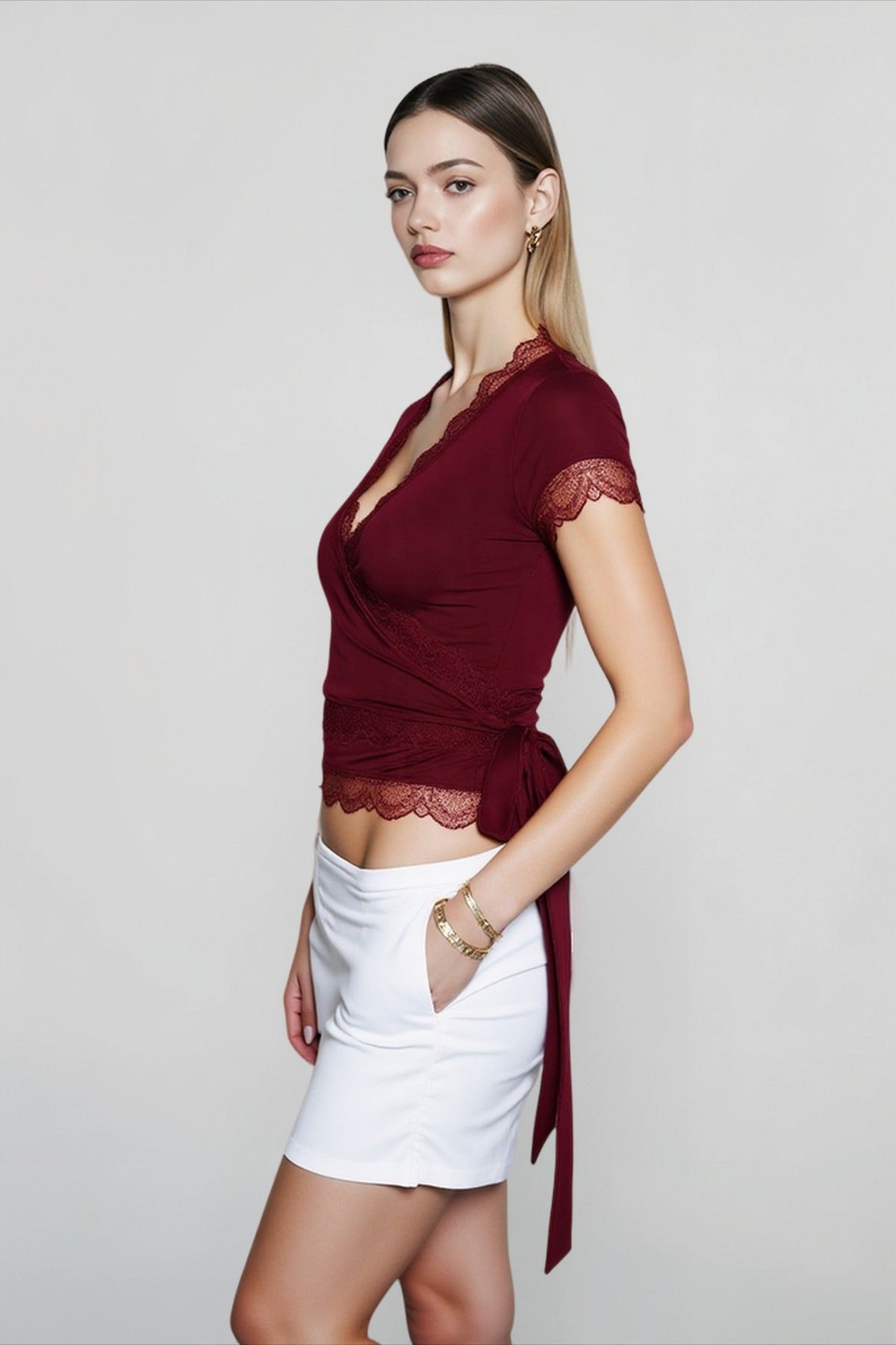 V-Neck Lace Trim Short Sleeve Wrap Top 6