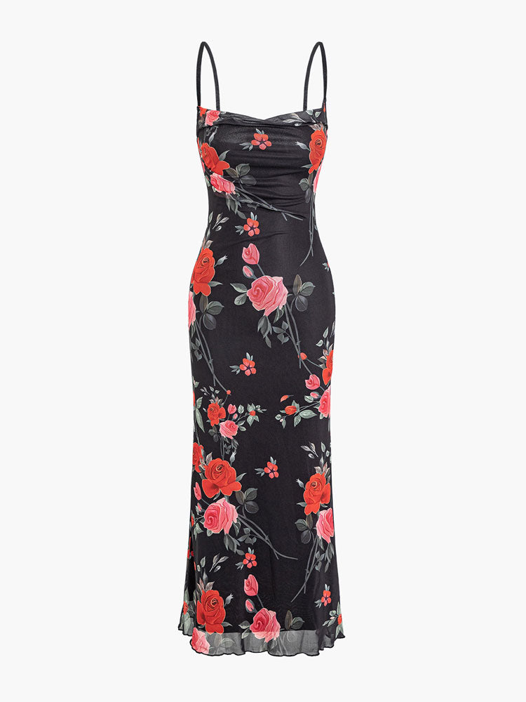 Floral Print Mesh Spaghetti Strap Maxi Dress - View 3