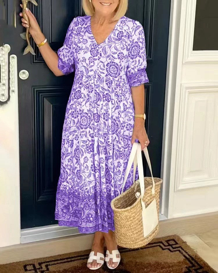 Floral Print V-Neck Button Front Tiered Maxi Dress 5