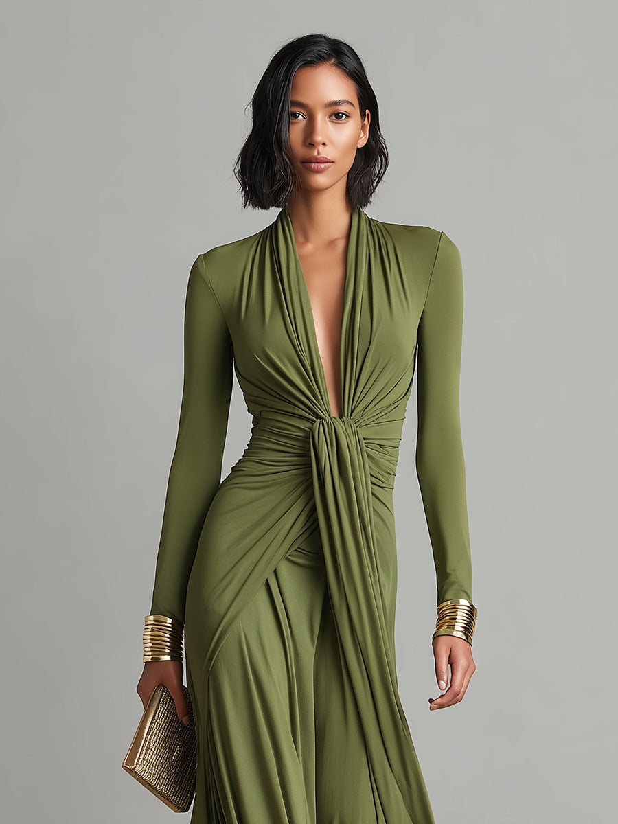 Deep V-Neck Long Sleeve Twist Front Maxi Dress 3