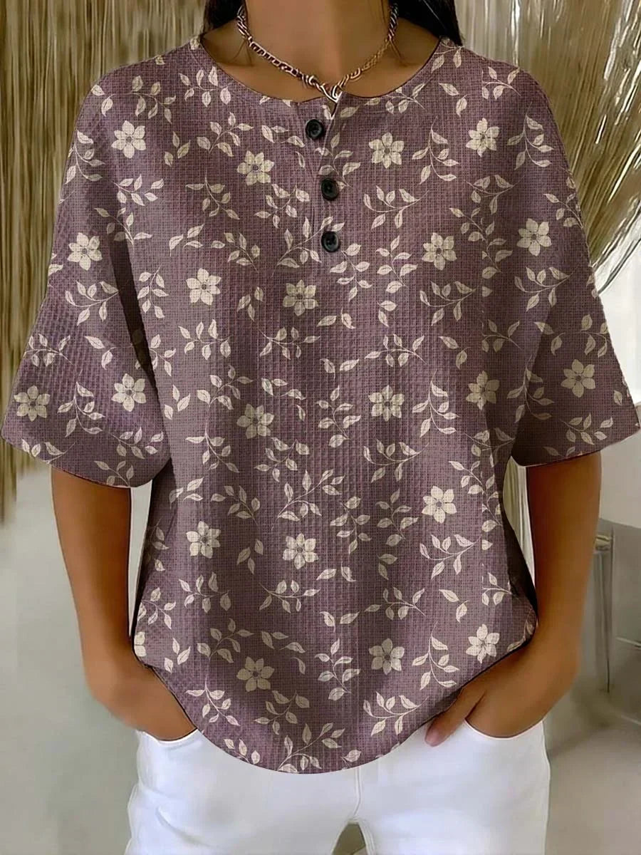 Floral Print Waffle Knit Short Sleeve Henley Top