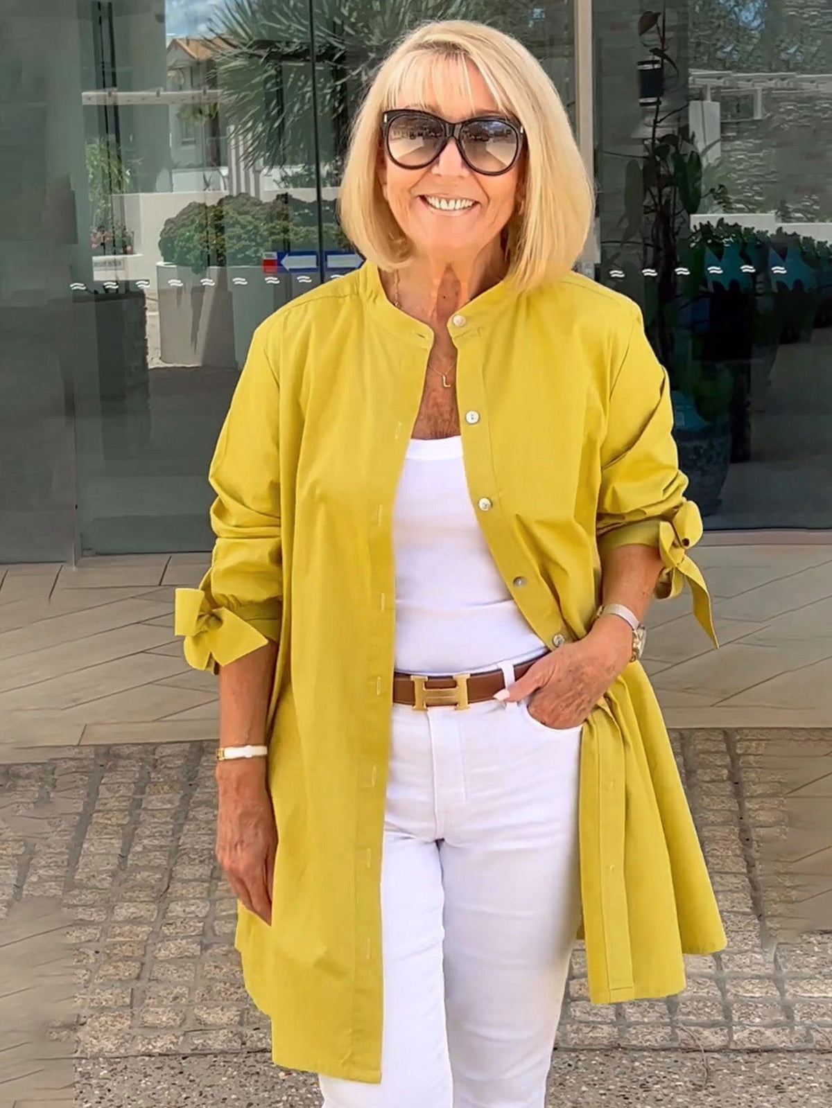 Band Collar Roll Sleeve Button Longline Shirt Jacket 4