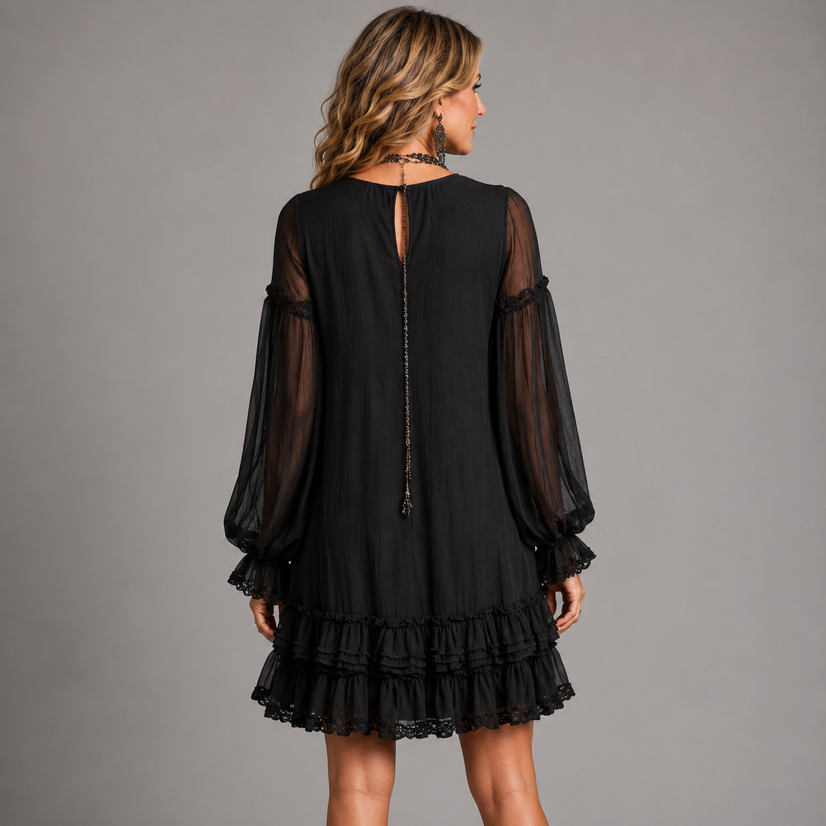 Chiffon V-Neck Long Sleeve Ruffle Tiered Mini Dress 5