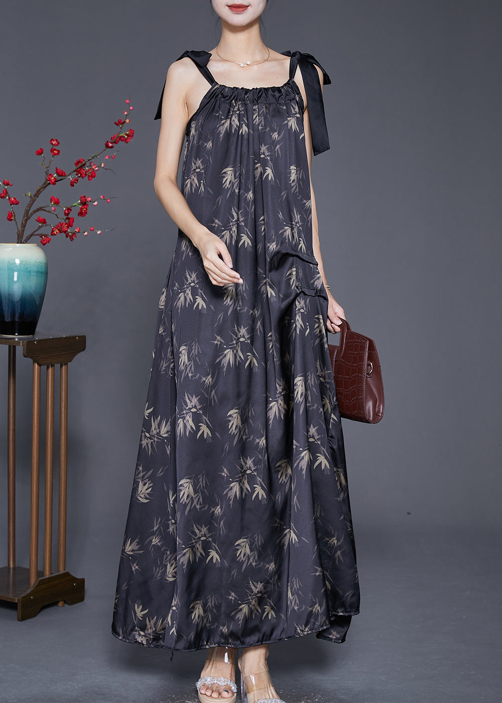 Bamboo Leaf Print Gathered Neck Bow Tie Strap Pocket Maxi Dress - View 3