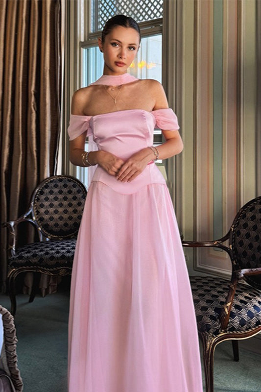 Satin Off Shoulder Choker Short Sleeve Corset A-Line Maxi Gown - View 2