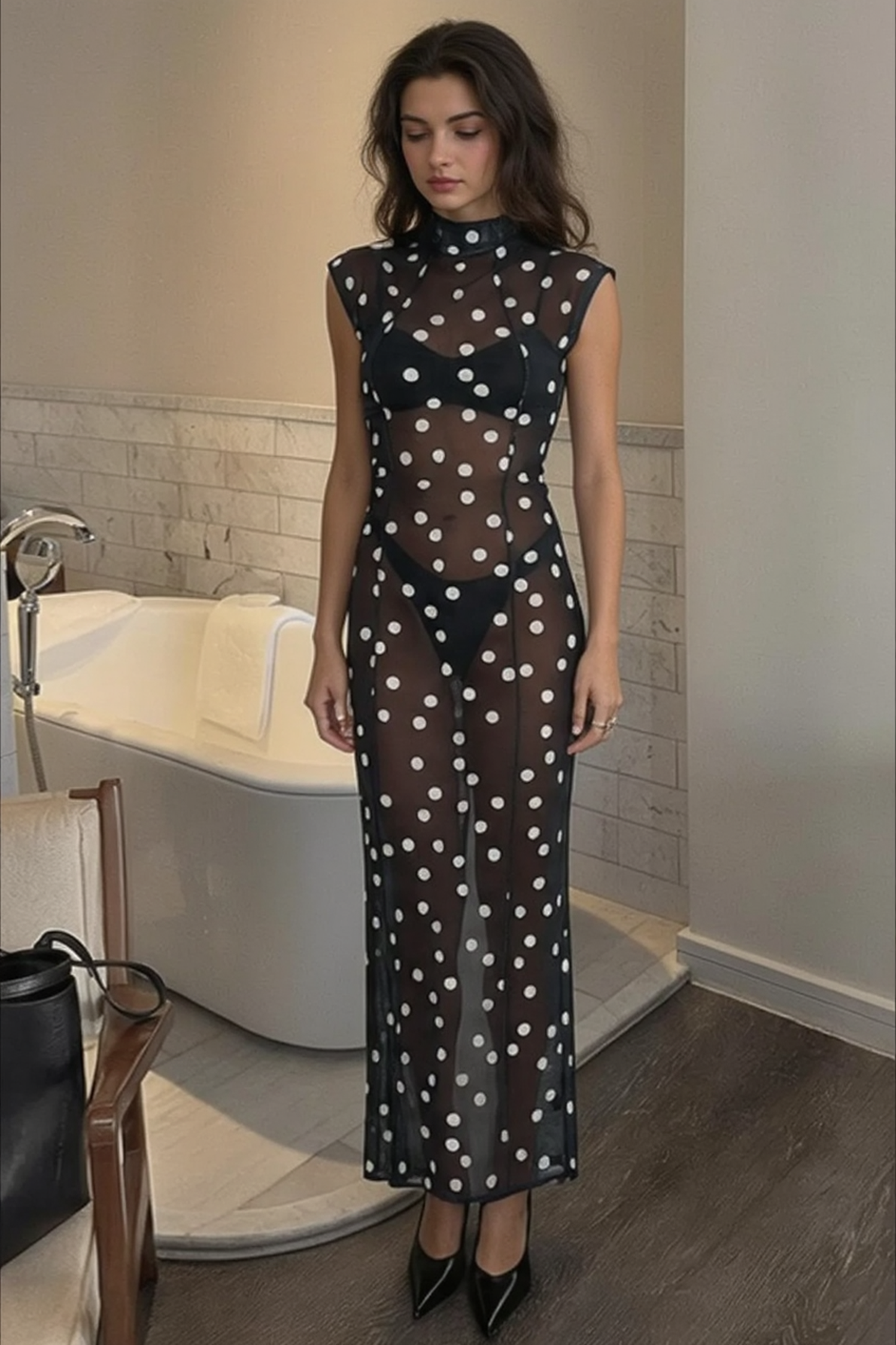 Sheer Mesh Polka Dot Mock Neck Sleeveless Bodycon Maxi Dress - View 4