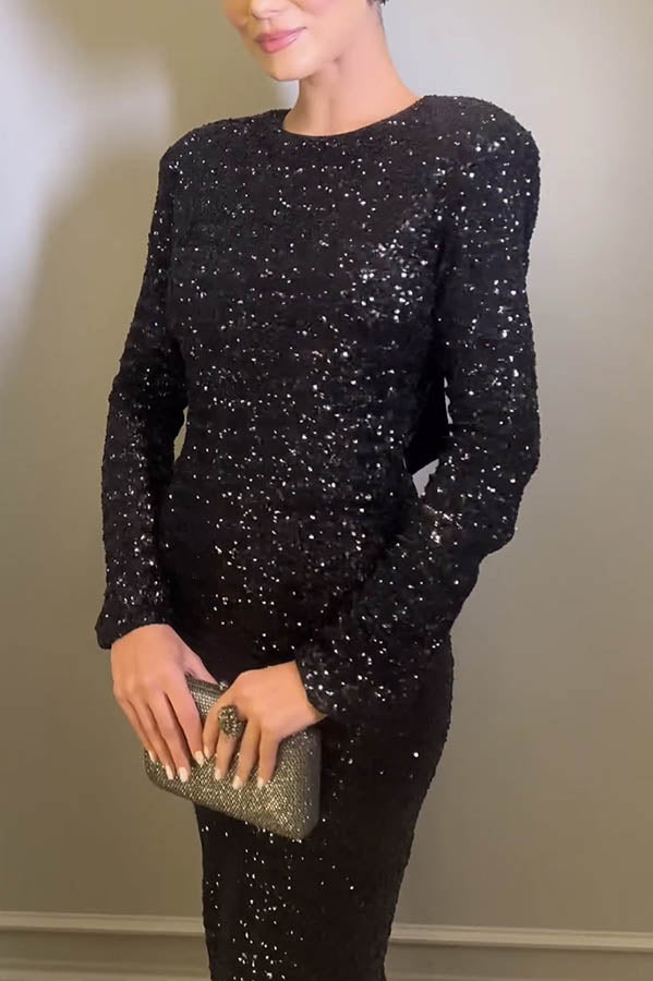 Sequin Long Sleeve Backless Bow Maxi Dress - View 7