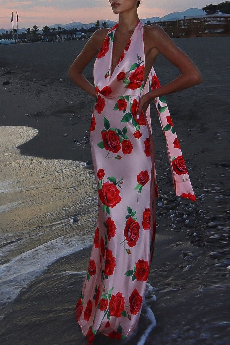 Printed Halter Backless  Maxi Silk Dress - View 2