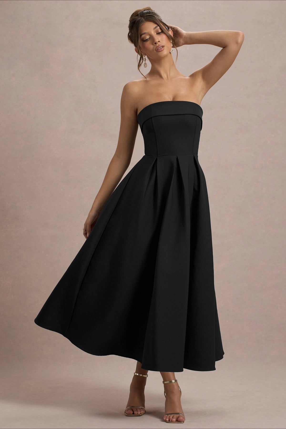 Strapless Fold Over Neck Box Pleat A-Line Midi Cocktail Dress - View 20