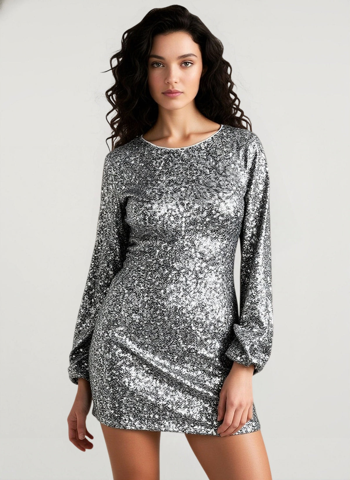 Crew Neck Long Sleeve Sequin Shift Mini Dress 2