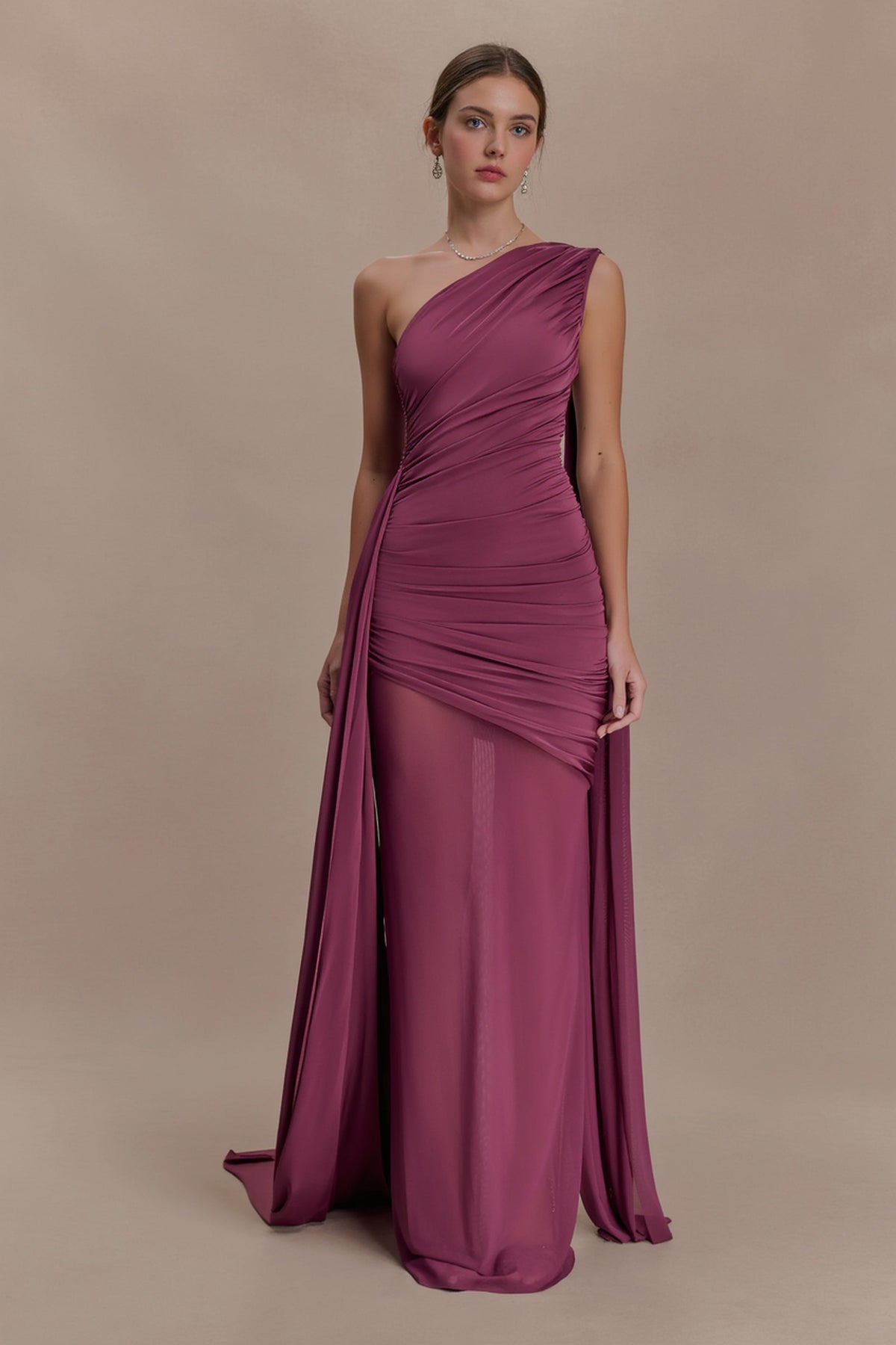 Mesh Paneled One Shoulder Cape Fitted Party Dress