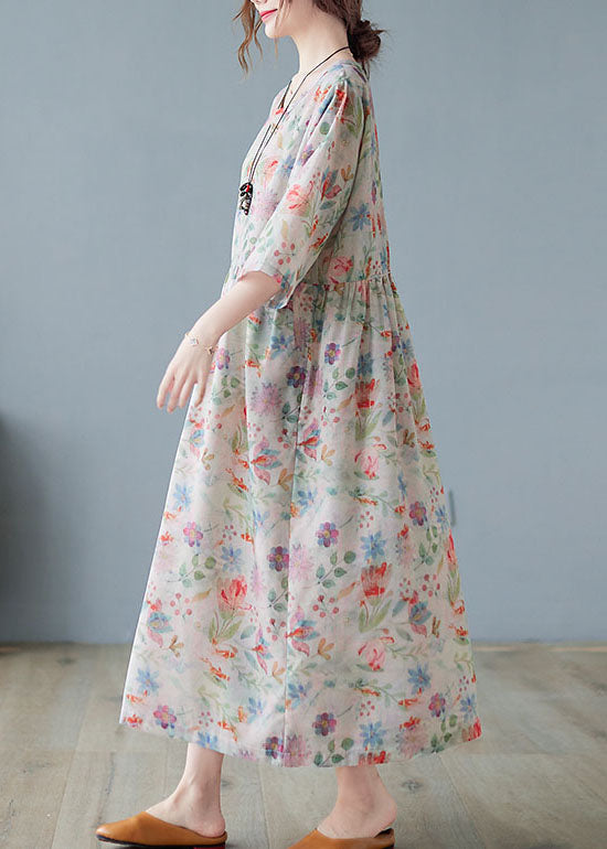 Watercolor Floral Print Round Neck Half Sleeve Maxi Dress - View 4
