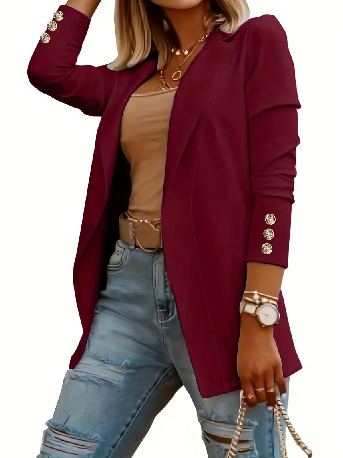 Notch Lapel Button Cuff Open Front Blazer 6