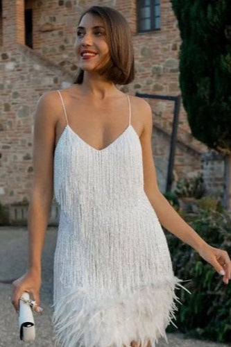 Sequin Fringe V-Neck Feather Hem Mini Party Dress - View 3