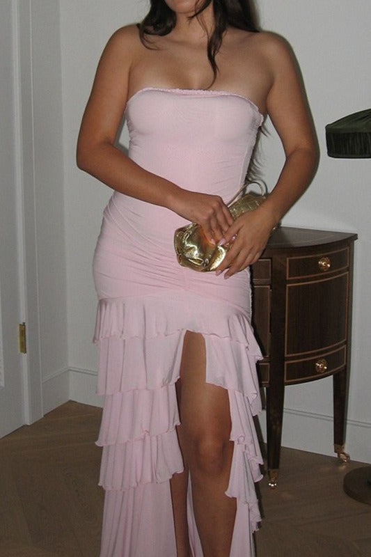 Ruffled Ruching Tiered High Slit Strapless Waist Cinched