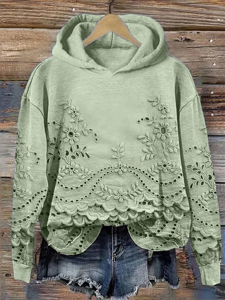 Floral Eyelet Embroidered Scalloped Hem Hoodie Sweatshirt 3
