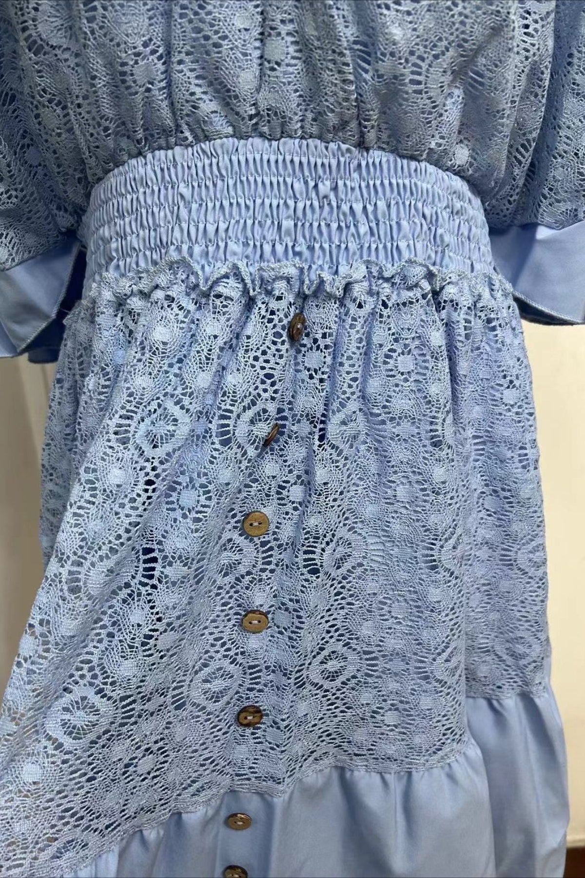 Lace V-Neck Flutter Sleeve Smocked Waist Tiered Ruffle Mini Dress 13