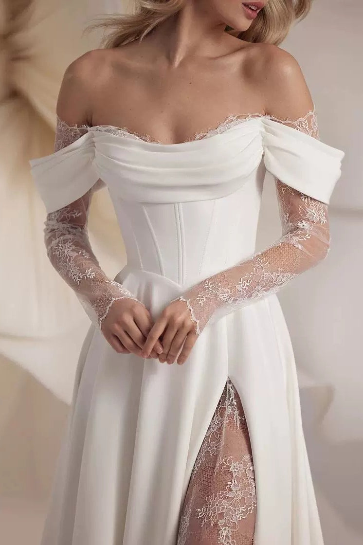 Off Shoulder Corset Lace Long Sleeve High Split A-Line Train Gown - View 2