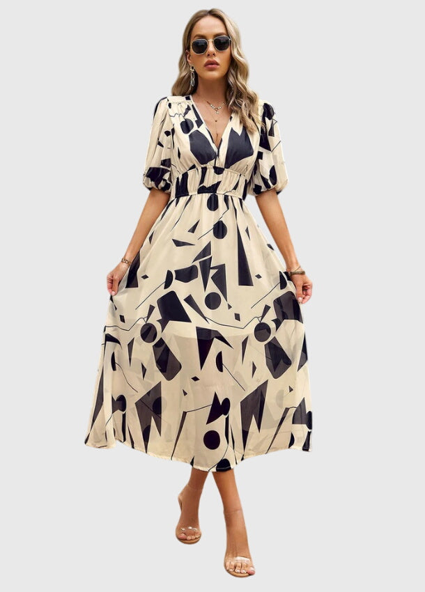 Floral Print Deep V-Neck Puff Sleeve High Waist Maxi Dress 12