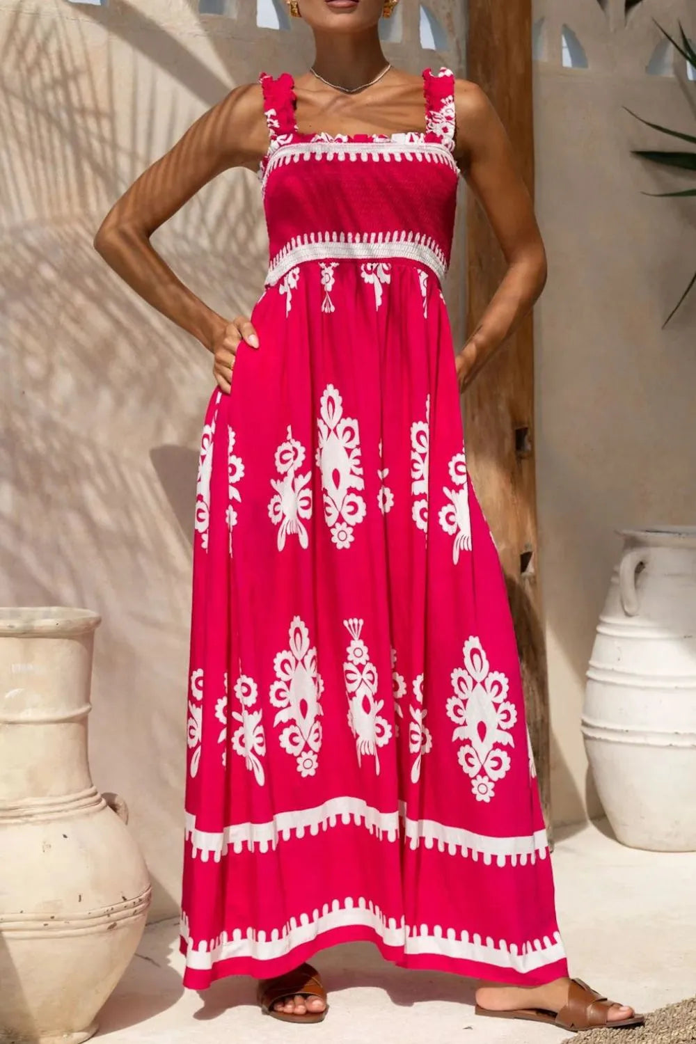 Smocked Square Neck Ruffle Strap Pocket Border Hem Maxi Dress - View 2
