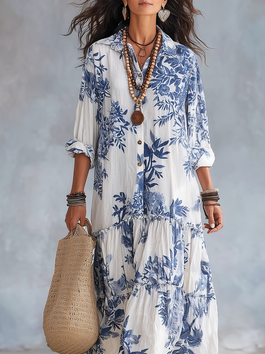 Floral Button Front Collared Tiered Maxi Shirt Dress 5