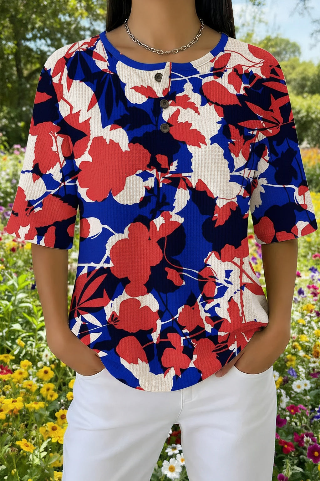 Bold Floral Waffle Knit Button Neck Half Sleeve Top