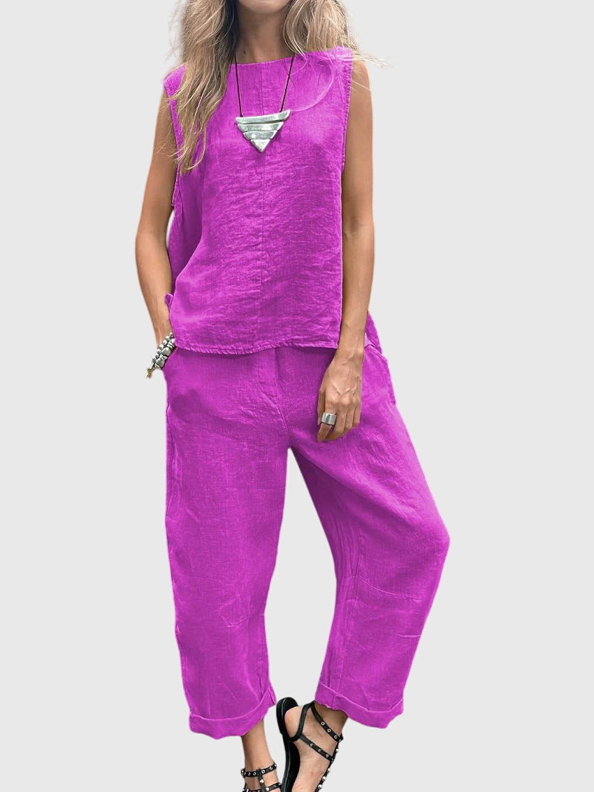 Sleeveless Round Neck Top and Wide Leg Crop Pants Two Piece Set 4