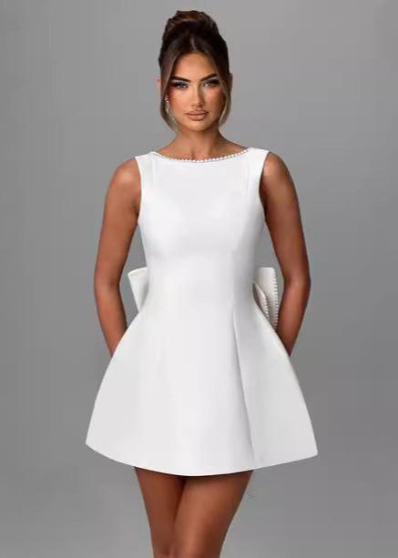 Pearl Trim Boat Neck Pleated Pocket Bow Back A-Line Mini Dress - View 2