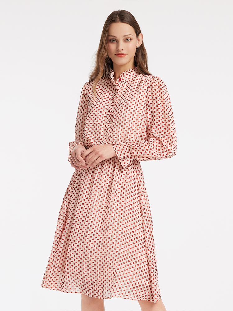 Gathered Waist Chiffon Polka Dot Midi Dress