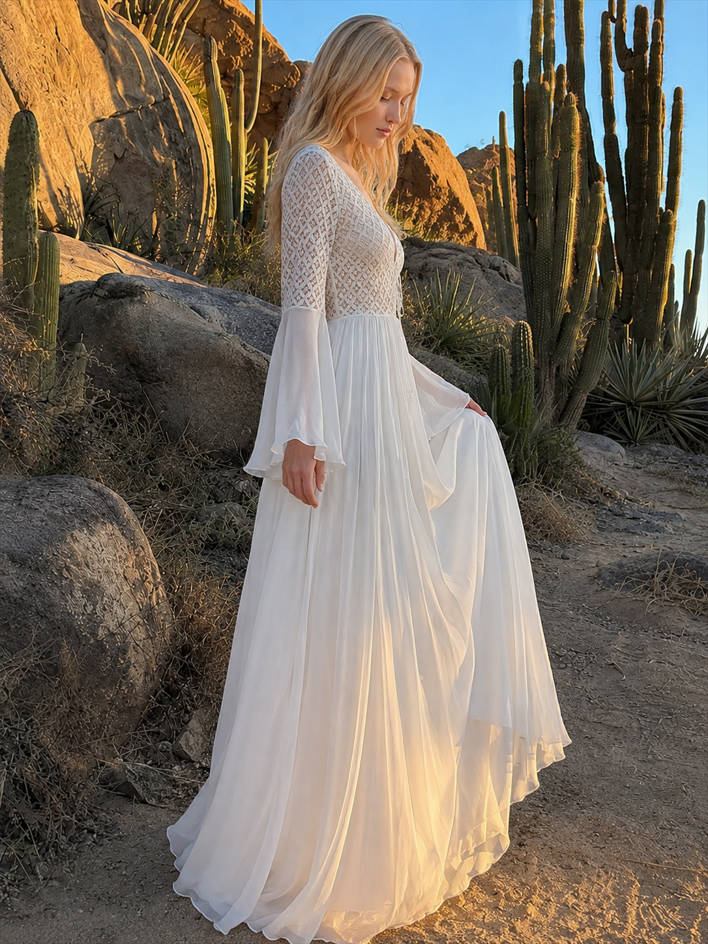 Deep V-Neck Bell Sleeve Crochet Lace Bodice Maxi Dress 3